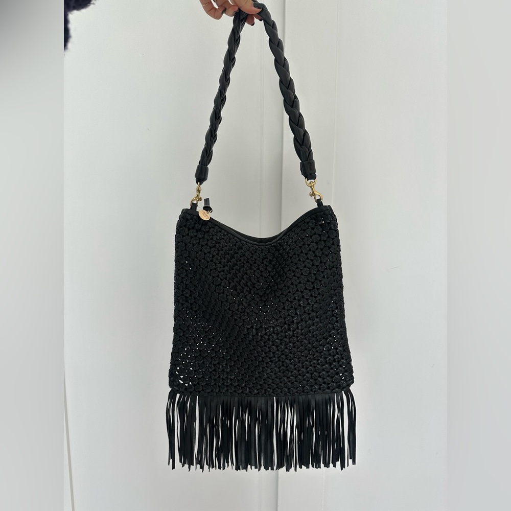 Clare V. Foldover Clutch Leather Rattan Black